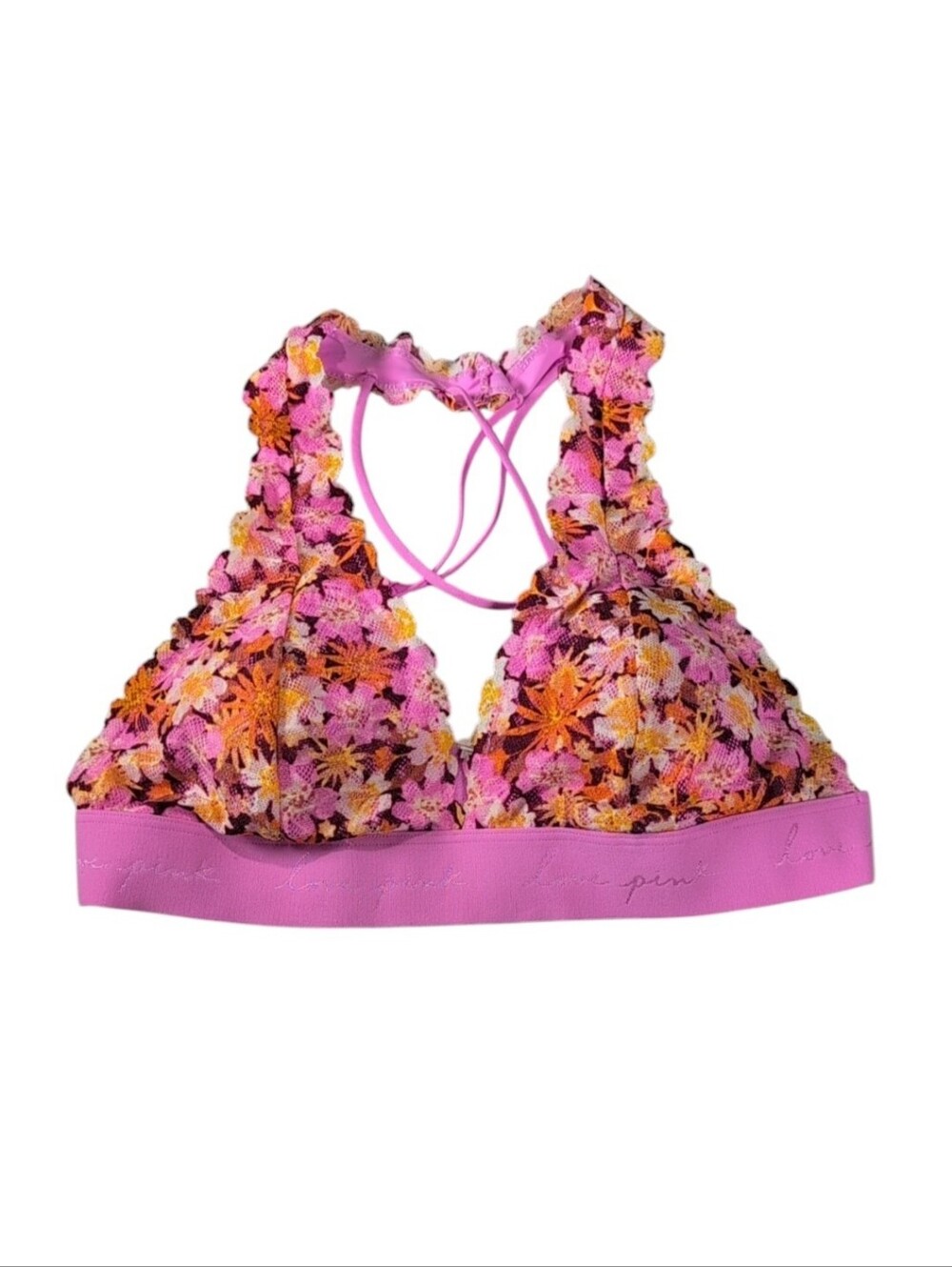 Victoria's Secret PINK Strappy Pink & Orange Floral Lacy Bralette Size Medium